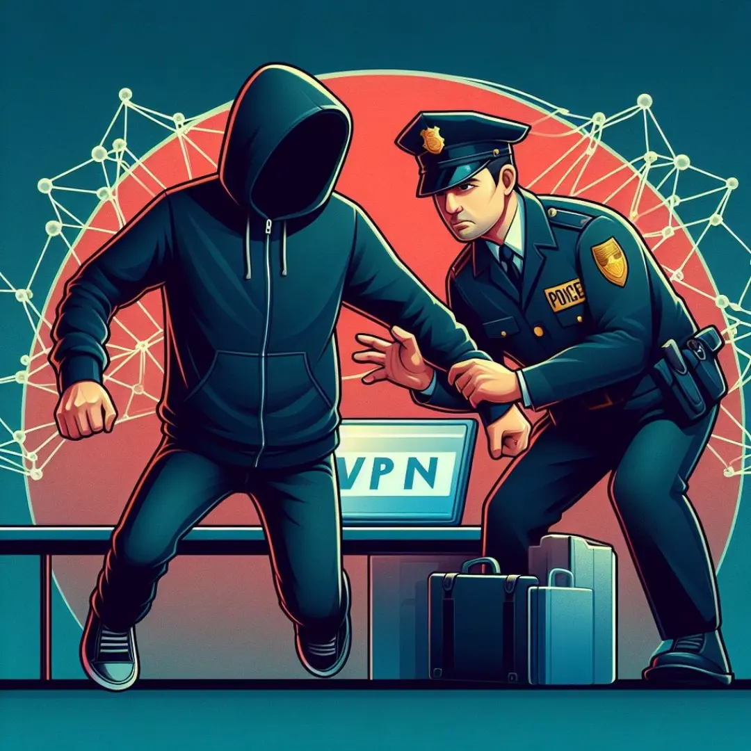 a person wearing black hoody is being caught by a cop whose uniform is of vpn illustration
