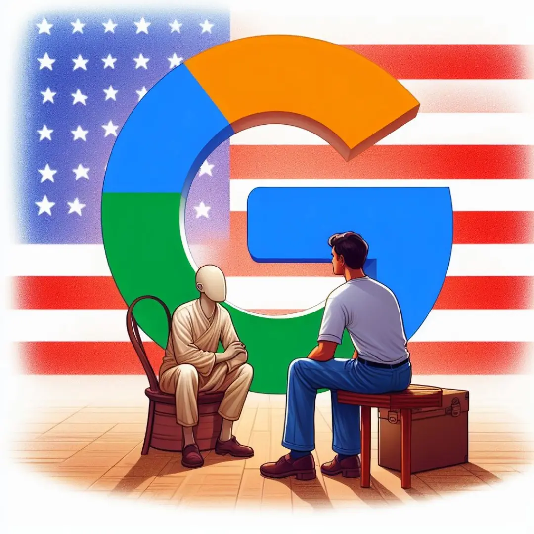 a person with head of google icon watching a person with head of usa sitting in india illustration