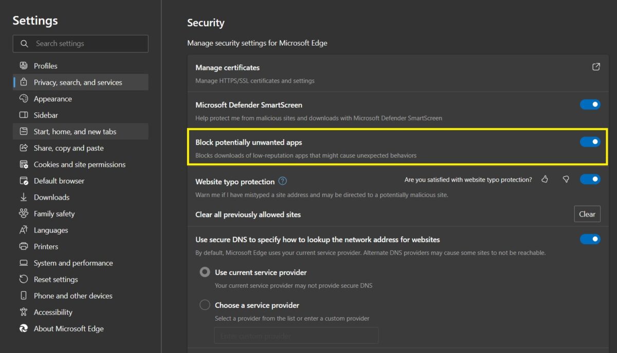 block potentially unwanted apps Edge Browser Security Settings Marathi