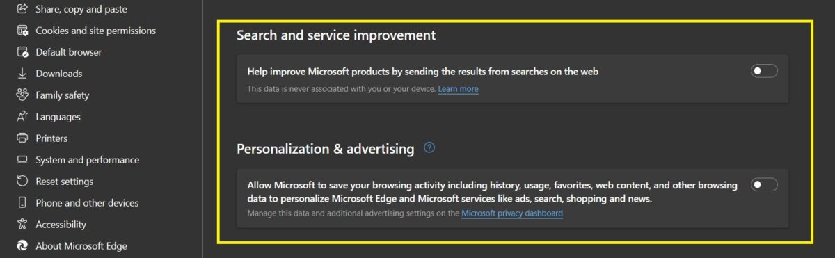 search service personalization and advertising Edge Browser Security Settings Marathi