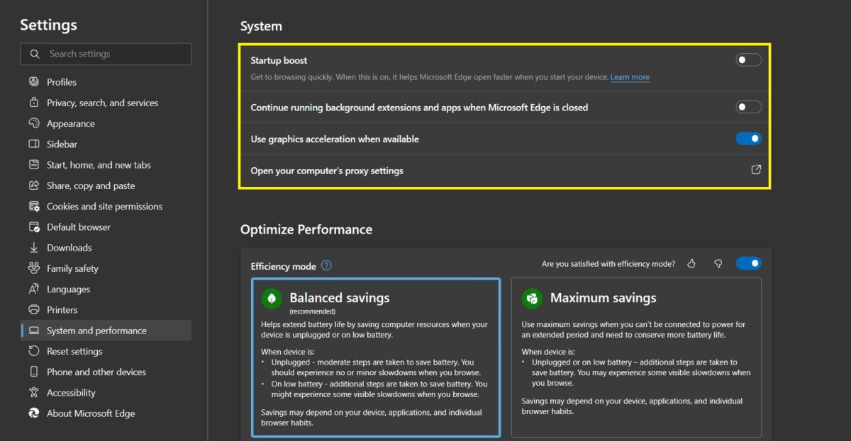 system and performance Edge Browser Security Settings Marathi