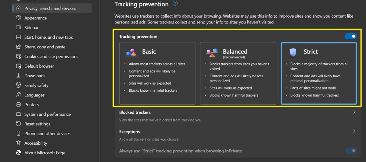 tracking prevention Edge Browser Security Settings Marathi