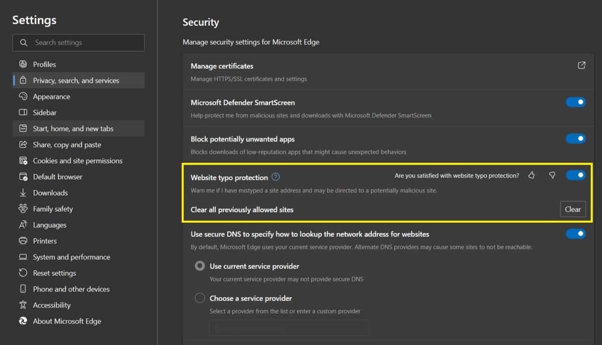 website typo protection Edge Browser Security Settings Marathi